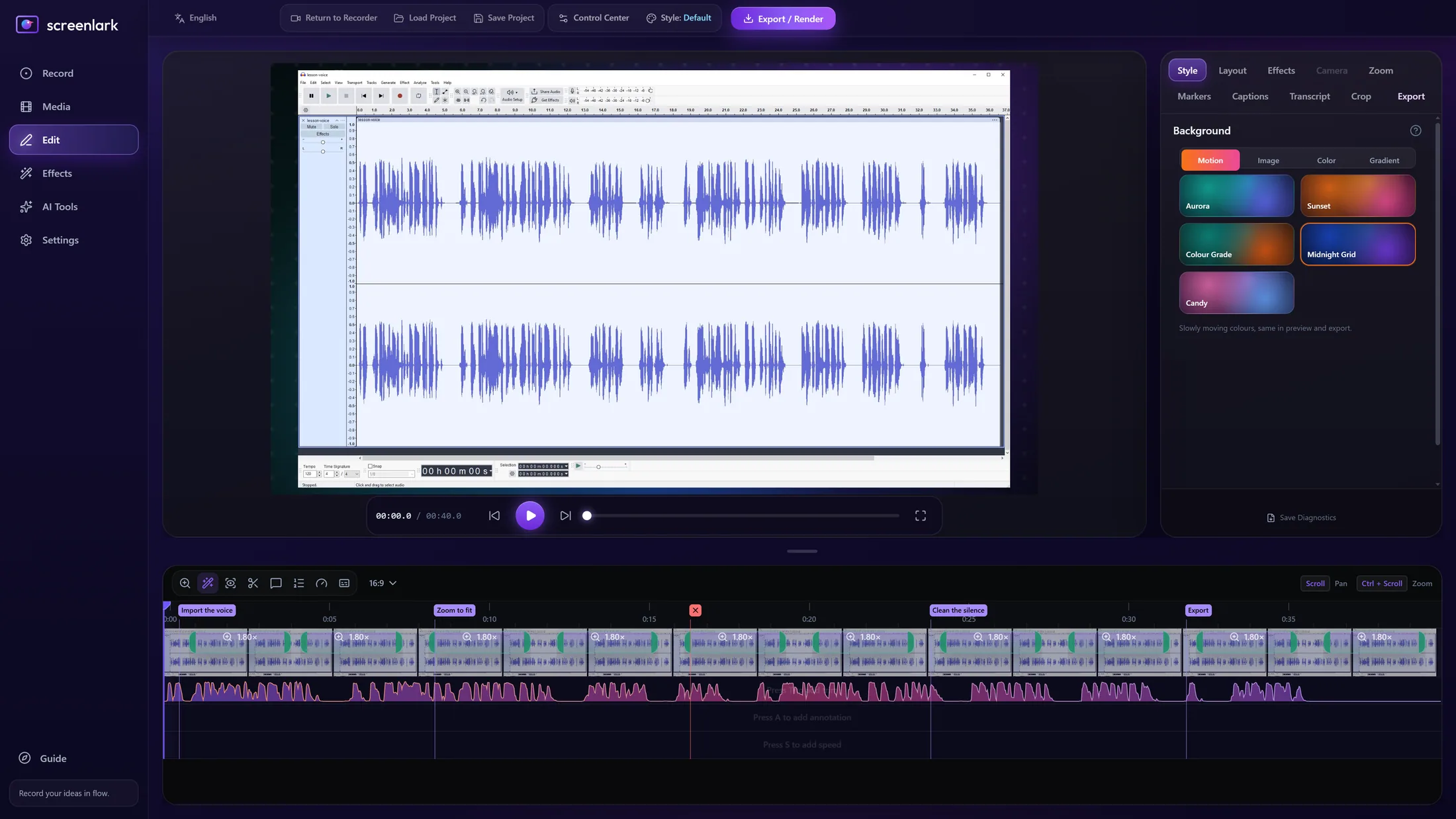 Screenlark editor with an Audacity recording