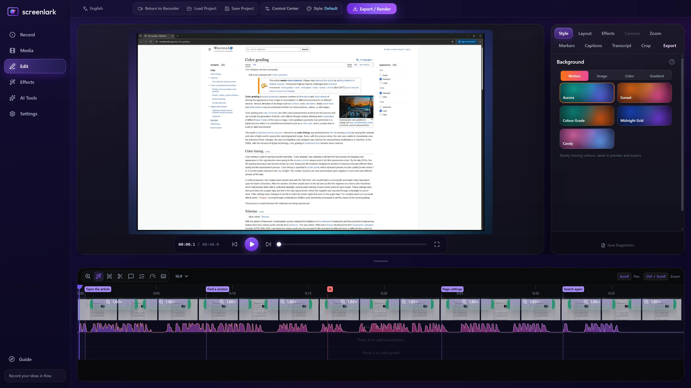 Screenlark editor with a Chrome recording of a website, auto-zoom regions and chapter markers