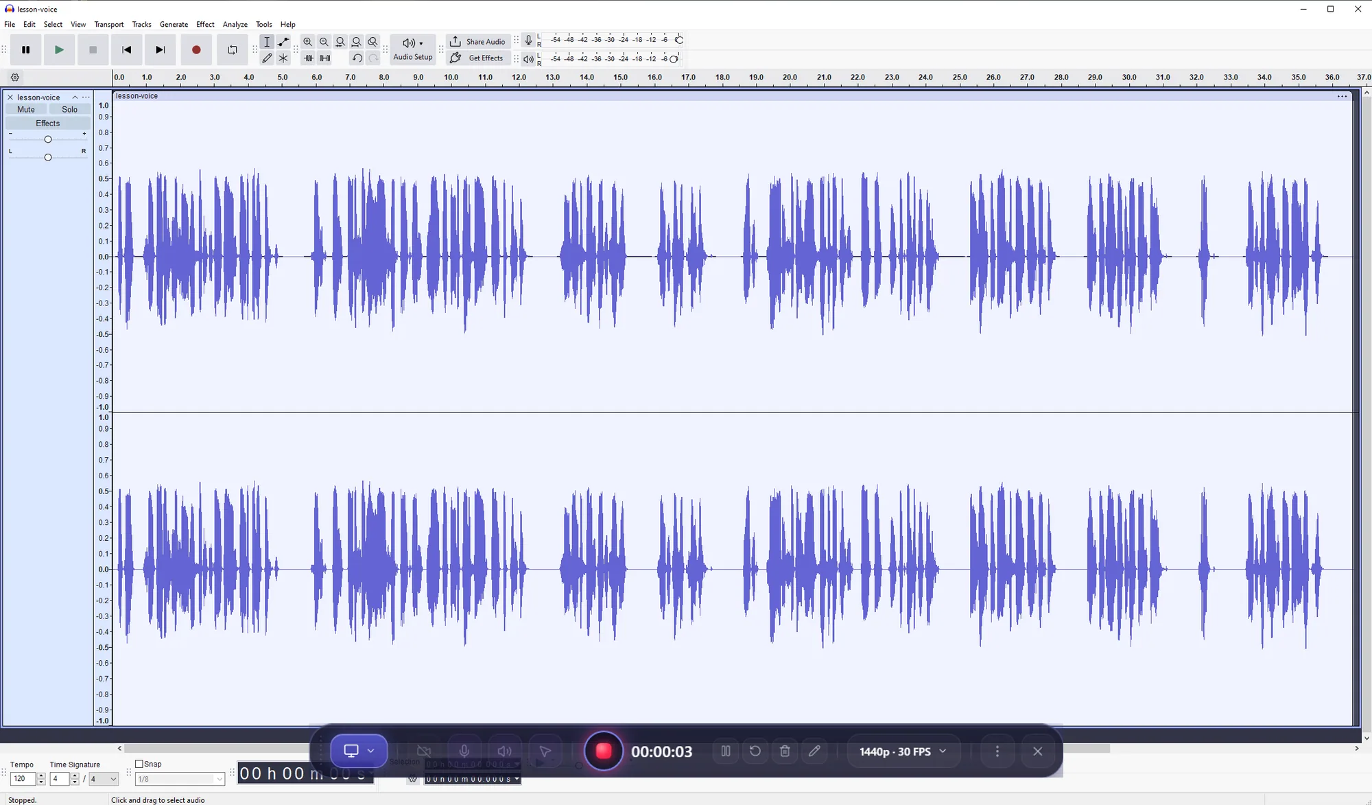 Screenlark recording bar over an Audacity window